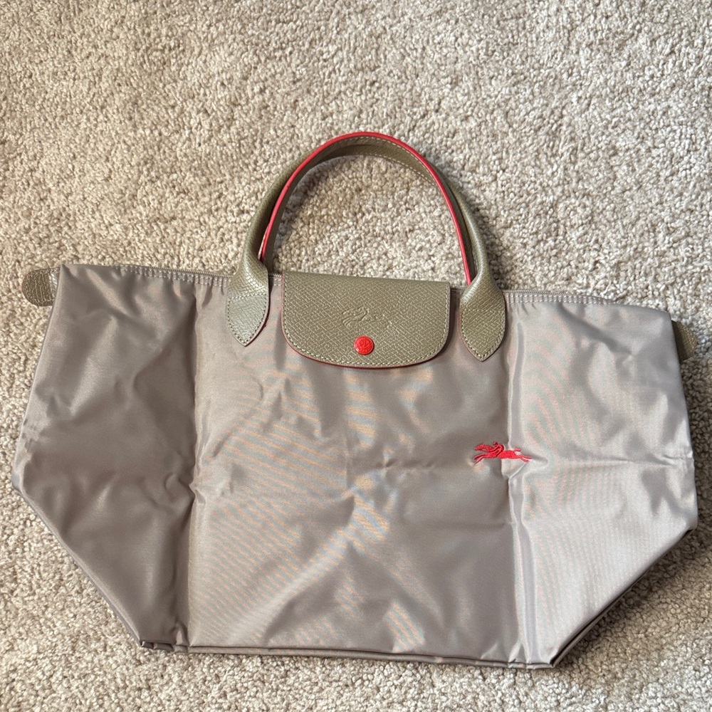 Longchamp Taupe Nylon Tote with Olive Trim and Red Accents